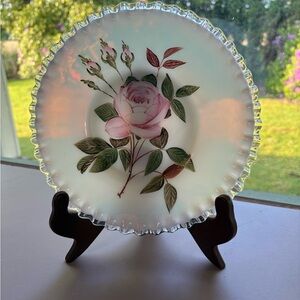 Fenton Floral Decorative Plate with Pink Rose Design